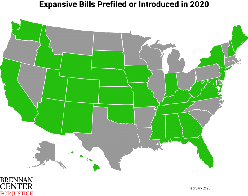 Map of expansive bills prefiled or introduced in 2020.