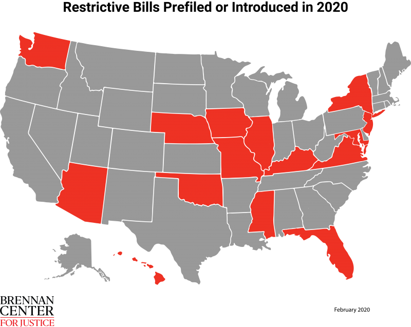 Map of restrictive bills prefiled or introduced in 2020.
