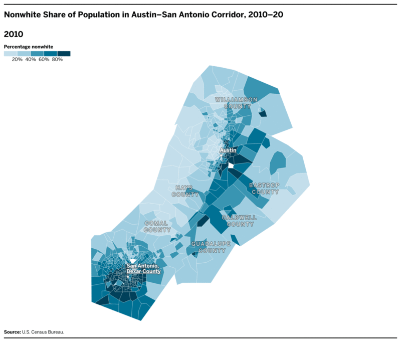 Nonwhite Share of Population in Austin–San Antonio Corridor, 2010–20
