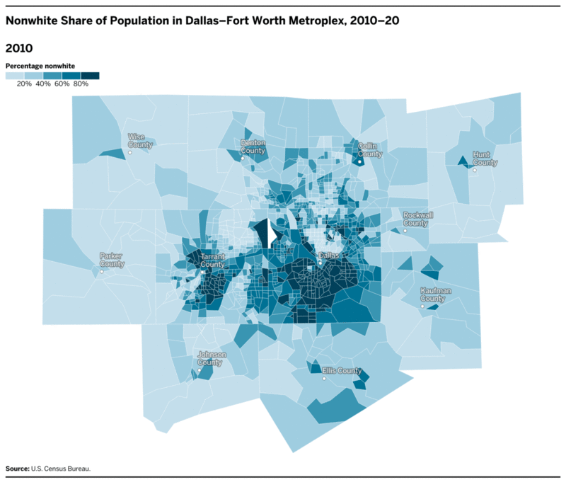 Nonwhite Share of Population in Dallas–Fort Worth Metroplex, 2010–⁠20