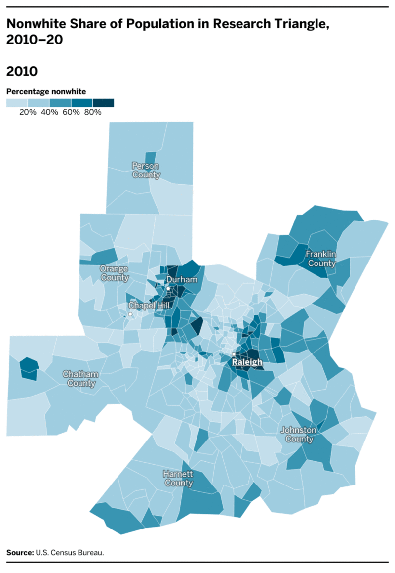 Change in Percentage Nonwhite in Research Triangle 2010-2020