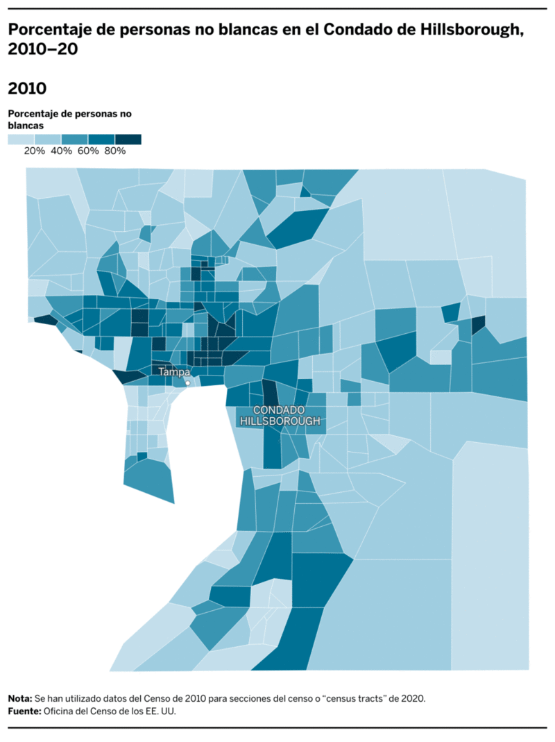 Porcentaje de personas no blancas en el Condado de Hillsborough, 2010–20