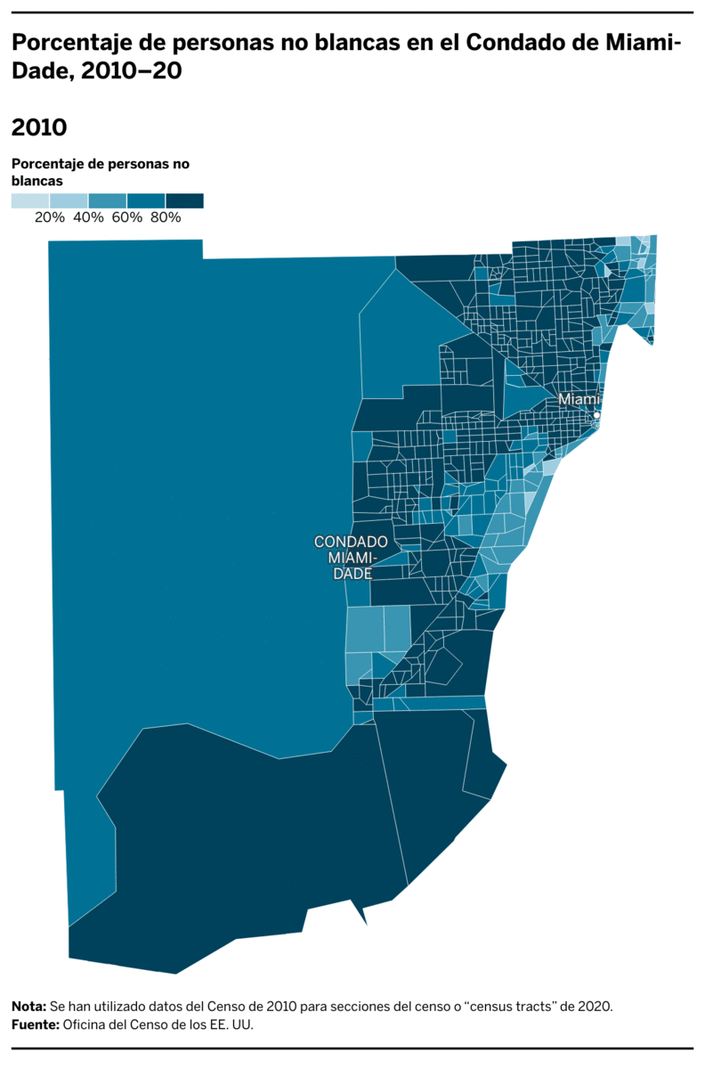 Porcentaje de personas no blancas en el Condado de Miami-Dade, 2010–20