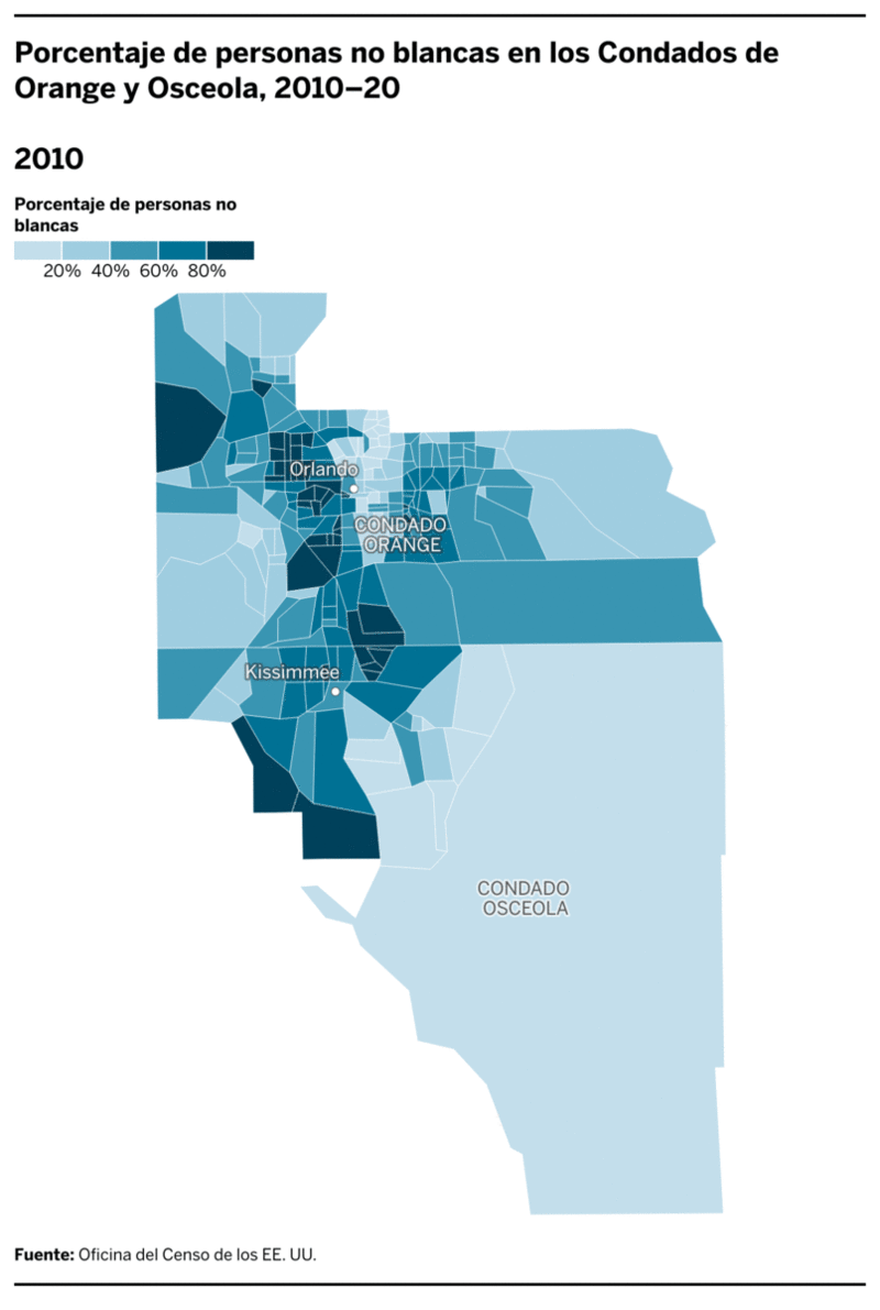 Porcentaje de personas no blancas en los Condados de Orange y Osceola, 2010–20