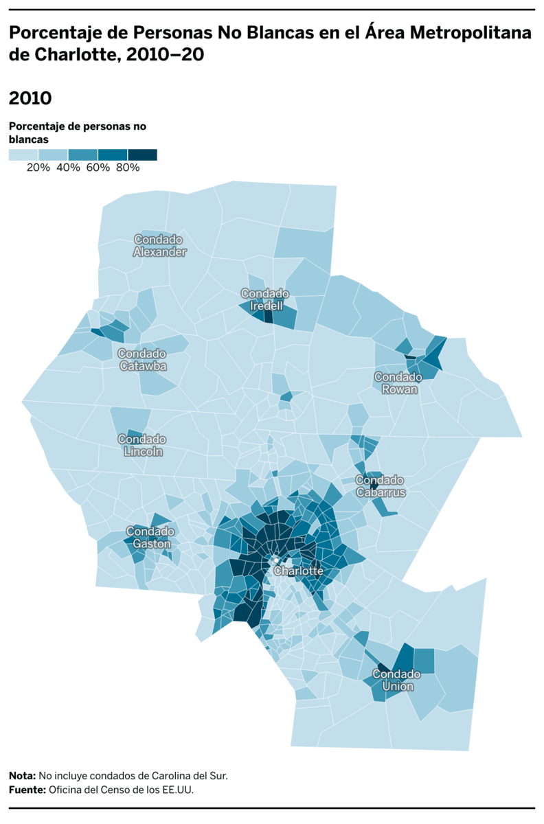 Porcentaje de Personas No Blancas en el Área Metropolitana de Charlotte, 2010–20