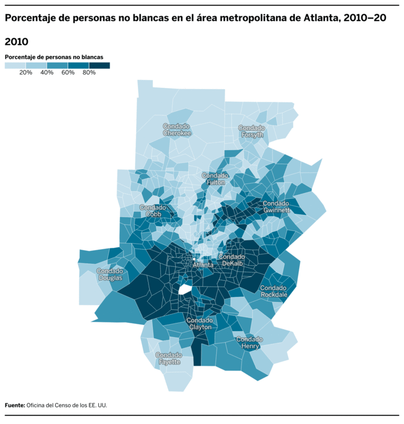 Porcentaje de personas no blancas en el área metropolitana de Atlanta, 2010–⁠20