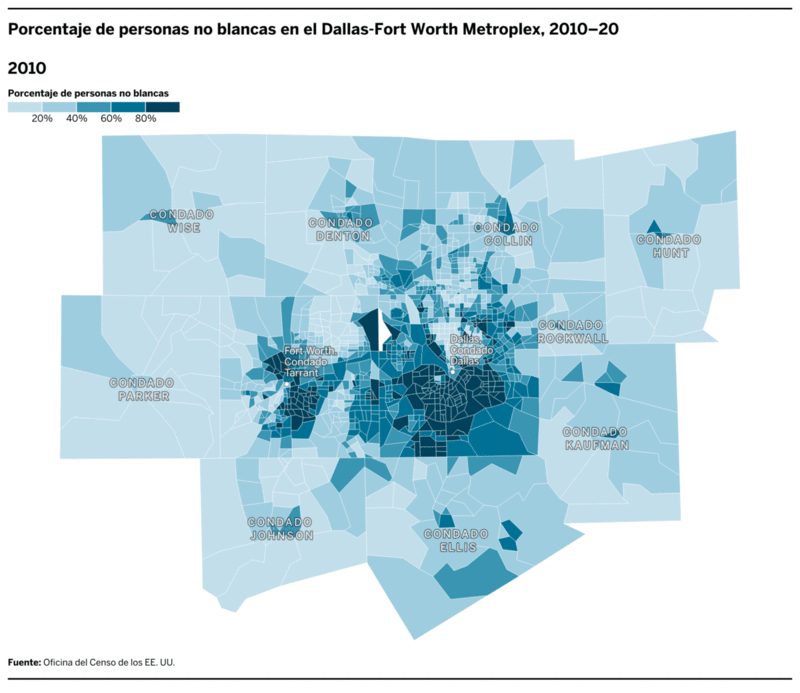 Porcentaje de personas no blancas en el Dallas-Fort Worth Metroplex, 2010–⁠20