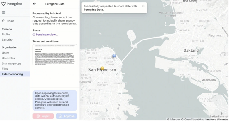 Example showing&nbsp;Peregrine Technologies Inc.&rsquo;s data sharing interface, which allows departments to generate data sharing requests, with boilerplate data sharing agreements, in order to access information from other police departments,&nbsp;even non-Peregrine customers.