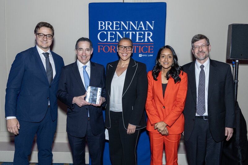 MS NOW Host Chris Hayes (left), Rep. Raskin (second from left), Brennan Center Board Co-Chair Kimberley Harris (center), and  former Justice Department leaders Vanita Gupta (second from right) and Peter Keisler (right) were among the event&rsquo;s featured speakers. 