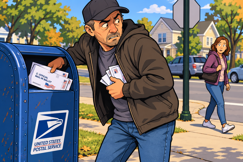 Chat GPT illustration of man stealing with multiple ballots at mailbox