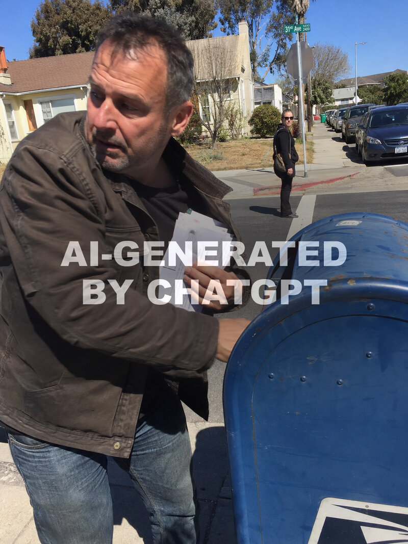 AI-generated image of man at mailbox placing ballots in his coat