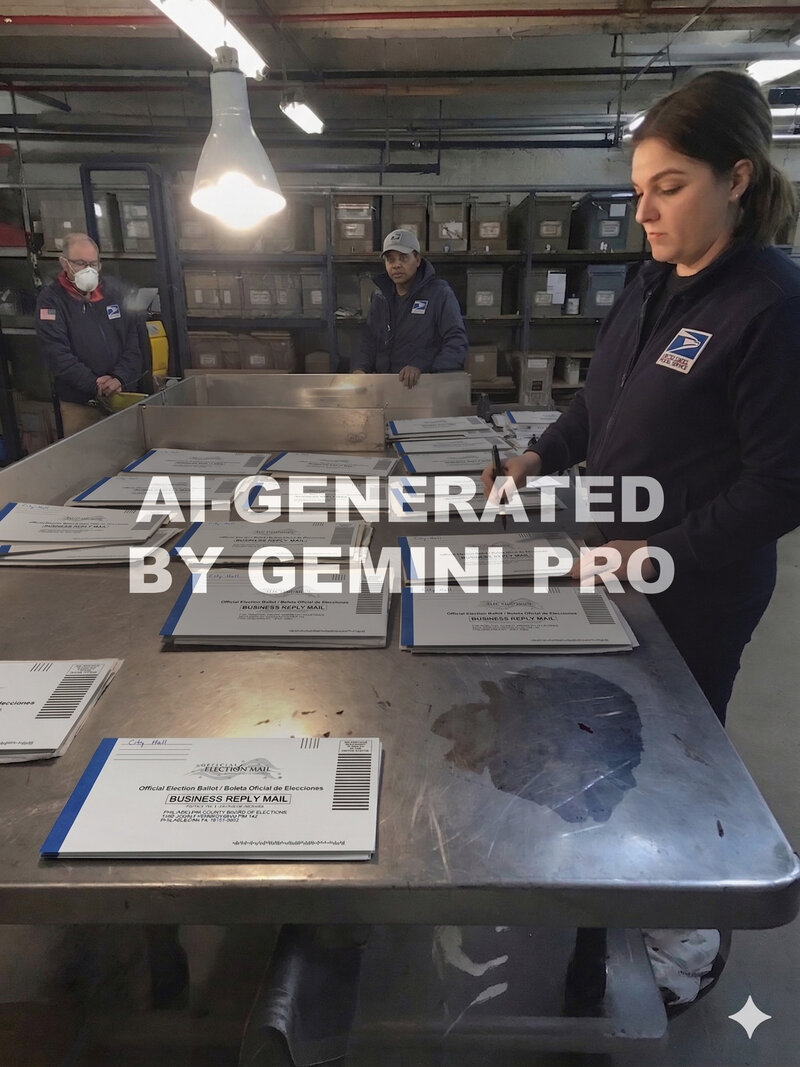 AI-generated image of post service employees and mail ballots