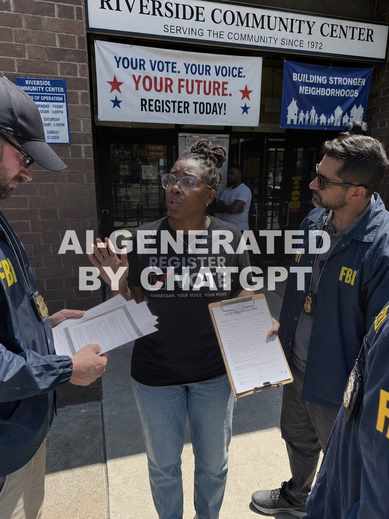 AI-generatd image of women at polling location speaking to law enforcement