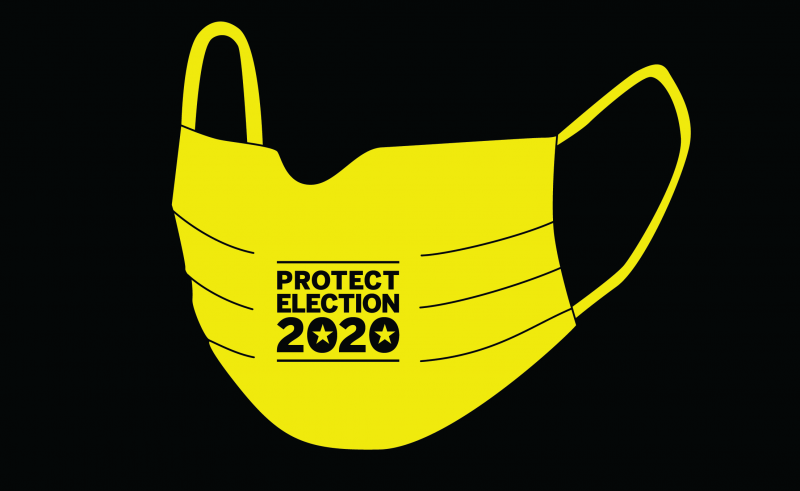 Illustration of a facemask with the words "Protect Election 2020" printed on it