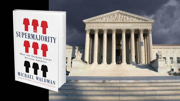 The Supermajority book cover set against a backdrop of the Supreme Court