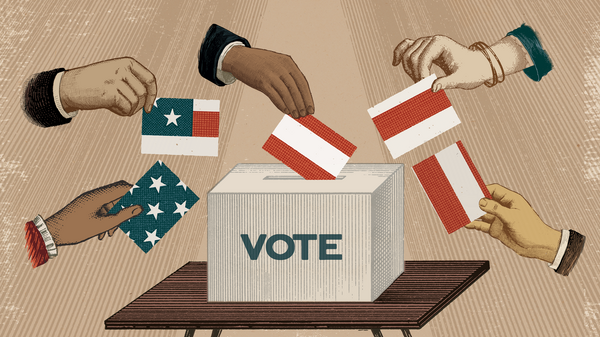 Illustration of hands placing ballots styled as pieces of the American flag in a box