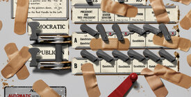 Illustration of a voting machine covered in band-aids.