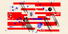 Illustration mixing American flag and surveillance imagery