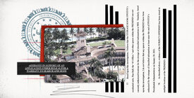Graphic of Mar-a-Lago, FBI seal, and redacted document