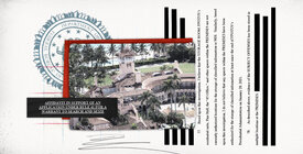 Graphic of Mar-a-Lago, FBI seal, and redacted document