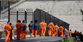 people in orange jumpsuits walking into a prison