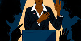 Illustration of an officeholder taking an oath of office surrounded by the silhouettes of people yelling.