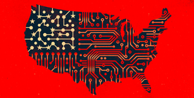 Illustration of circuitry overlayed on a map of the Unites States.