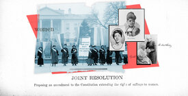 Graphic collage of the Silent Sentinels protesting outside the White House and images of key suffragists