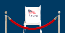 Illustration of voting booth behind red rope illustration