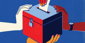Illustration of three hands holding a ballot box as a fourth hand slips a ballot through the slot on top.