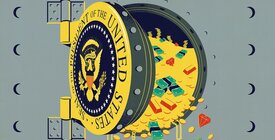 Illustration of a safe with the presidential seal on the door, overflowing with cash, gold, and jewels