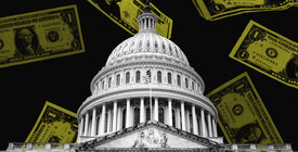 Illustration of U.S. Capitol in front of images of cash