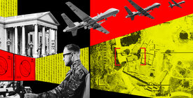 Illustration with a collage of binary code, the White Hose, drone bombers, a drone operator, and a satellite targeting image.
