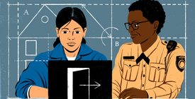 Illustration of an incarcerated person and corrections officer reviewing construction document