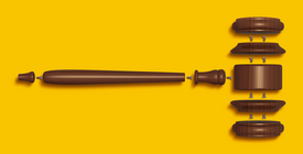 Illustration of a gavel deconstructed into parts on a yellow background