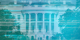 image of white house behind blue tinted, computerized letters and symbols
