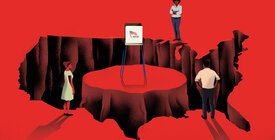 Illustration of the silhouette of the United States as a canyon, with a pedestal in the middle holding a voting booth.