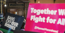 Abortion rights advocates and lawmakers hold a press conference before debate of a bill that would restrict abortions after six weeks, at the South Carolina State House in 2023. 
