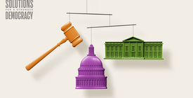 An illustration of mobile with a gavel, the Capitol rotunda, and the White House. 