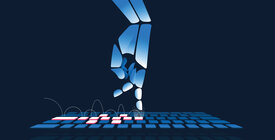 illustration of skelton-like finger typing on lit keyboard