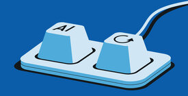 Illustration on blue background. Two keyboard buttons, one with AI