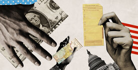 Illustration of money, ballots, the Capitol