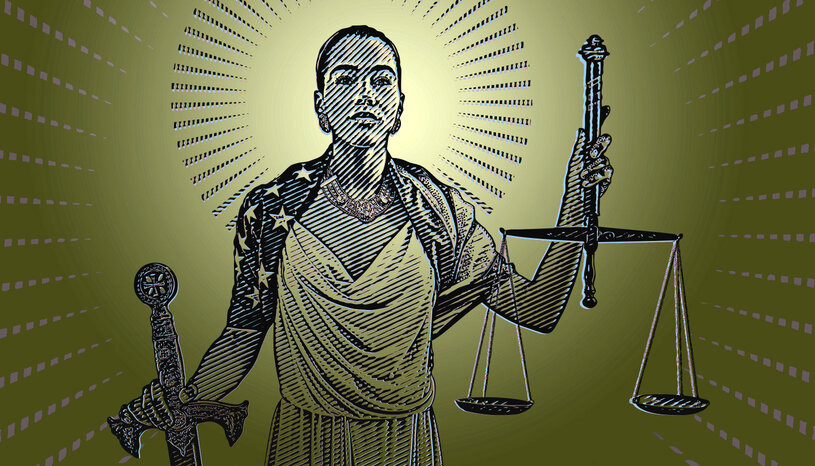 Representation of lady justice holding scales and a sword
