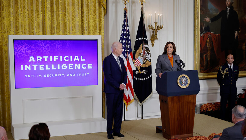 President Biden and Vice President Kamala Harris speaking about AI