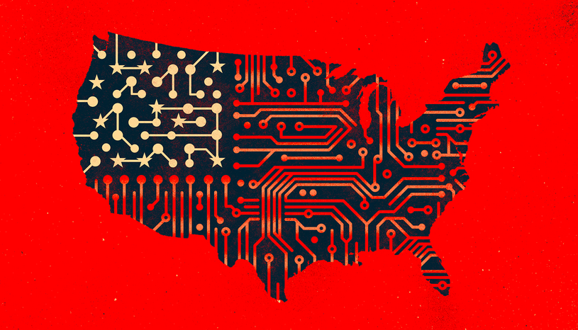Illustration of circuitry overlayed on a map of the Unites States.