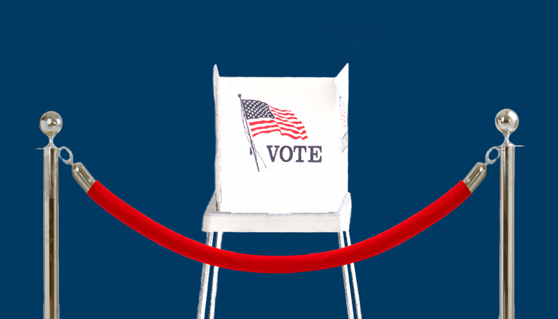 Illustration of voting booth behind red rope illustration