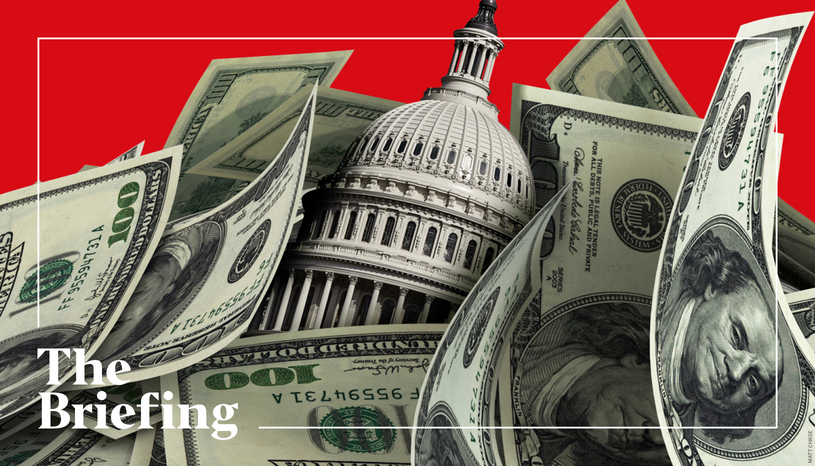 red background green foreground with money and capitol