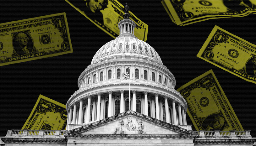 Illustration of U.S. Capitol in front of images of cash