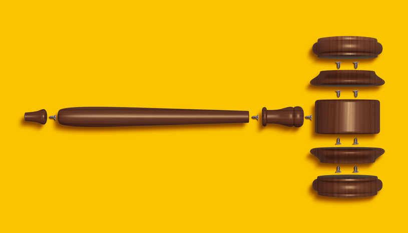 Illustration of a gavel deconstructed into parts on a yellow background