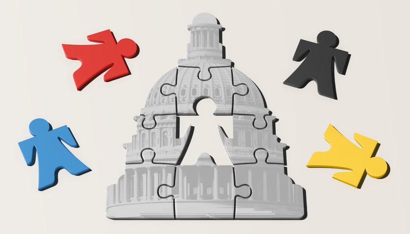 Illustration of the Capitol building composed of puzzle pieces, with one empty human shaped space in the center.
